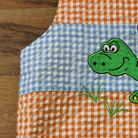 Vintage Dinosaur Orange Gingham Shorts Romper Jumper Checkered Baby Crew 24 M - Picture 9 of 13